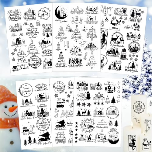 Rub On Sticker Weihnachten - 6 Stück Keraflott DIY Deko Folie Aufkleber für Möbel, Fenster, Glas, Tassen (A)