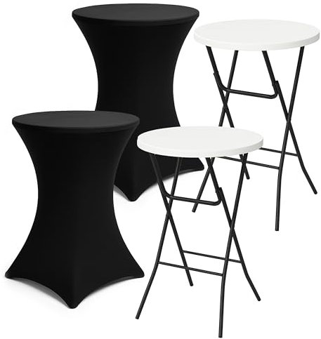 Brixy 2x Stabiler Stehtisch + 2x Schwarzer Stehtischrock - Partytisch - Robust und Wetterfest - Zusammenklappbar - 80cm x 110cm - Party - Weiß/Schwarz