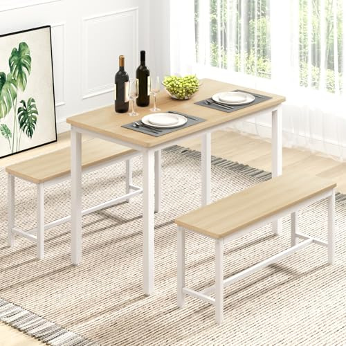 Rovibek 43 Dining Room Table Chairs Set for 4, Modern Space Saving Kitchen Table with 2 Benches & Adjustable Feet Breakfast Table, Wooden Industrial Style Farmhouse, White