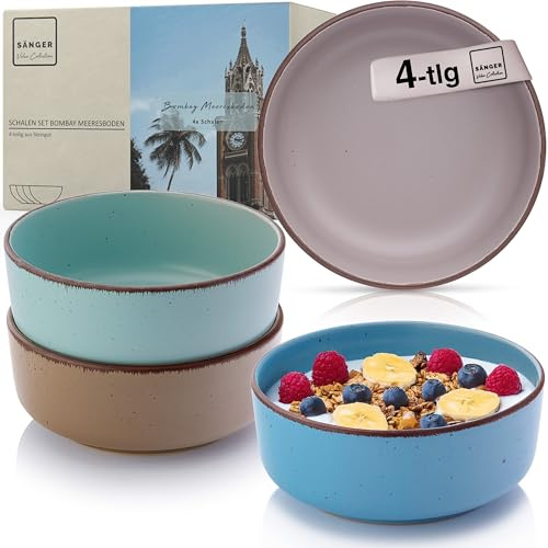 Sänger Bombay Meeresboden Steingut Schüssel Set 4 teilig, Müslischalen | 4 Personen, Schalen multifunktional, kratz- mikrowellen- spülmaschinenfest, Kleine Schüsseln bunt 700 ml