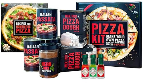 Tabasco Pizza Set pour 8 pizzas - avec farine pour pizza, passata Italienne, épices pour pizza, y compris kit de sauces piquantes 3x bouteilles de 3.7ml et livre de recettes de pizza.