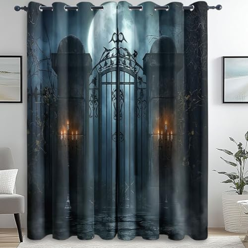 2er Pack Bedruckte Verdunkelungsvorhänge Mehrfarbig mit Ösen Blickdicht Thermo Isoliert Halloween Gothic Kerzen Privatsphäre Schützende Gardinen für Schlafzimmer Wohnzimmer H166×B75cm