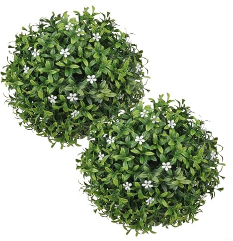 Artificial Green Plant Spheres Decorative Hanging Boxwood Balls Set Of 2 Hanging Faux Flower Balls Artificial Plant Balls For for Garden Wedding Party Indoor Outdoor Home Decor(White Flower)