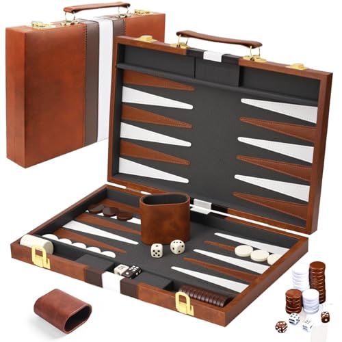 YUJUVI Backgammon Set Koffer für 2 Spieler Klassischest 18 Zoll Brettspiel mit Hochwertiger Ledertasche Tragbares und Reise Backgammon-Set (18 Zoll, Braun)