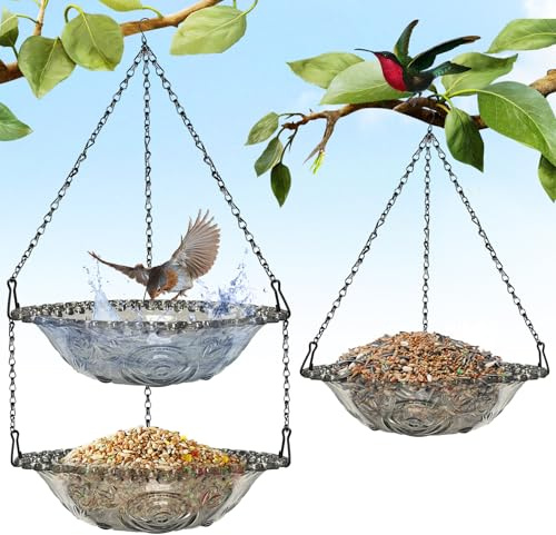YeahBoom 2 Pièces Mangeoire pour Oiseaux,Mangeoire à Oiseaux à Suspendre à 2 Étages,Rond Mangeoires d'oiseaux,Jardin Wildbird Feeder Plate de Plaque d'oiseau Suspendu,Baignoire d'oiseaux,9 Pouces