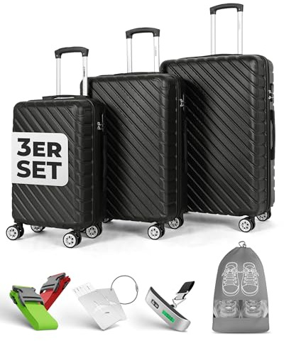 Onbest 3er Kofferset XXL 20/24/28 Zoll schwarz mit Kofferwaage | ABS-Hartschalenkoffer mit Rollen, Reisegepäck-Set aus Reisekoffer, Trolley und Rollkoffer, digitale Waage