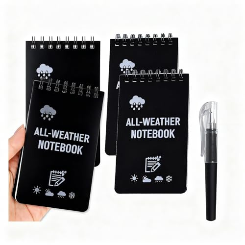 4 Quaderni Impermeabili A7 con 1 Penna Taccuino Tascabile All Weather, Blocco Note Spiralato, Carta Resistente all’Acqua, Quaderno Reporter per Scuola, Lavoro, Viaggio ed Attività Outdoor (Nero)