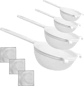 Set de 4 Egouttoir Rond en Nylon Passoires, Passoire à Thé ø 8 cm Passoire de Cuisine ø 10 cm ø 14 cm ø 18 cm Blanc