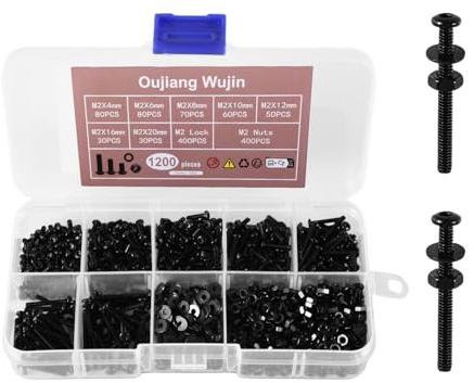 Oujiang Wujin - Juego de tuercas y arandelas M2 de acero al carbono, 1200 piezas, color negro, juego de tornillos métricos con llave Allen y caja de almacenamiento, tornillos de máquina