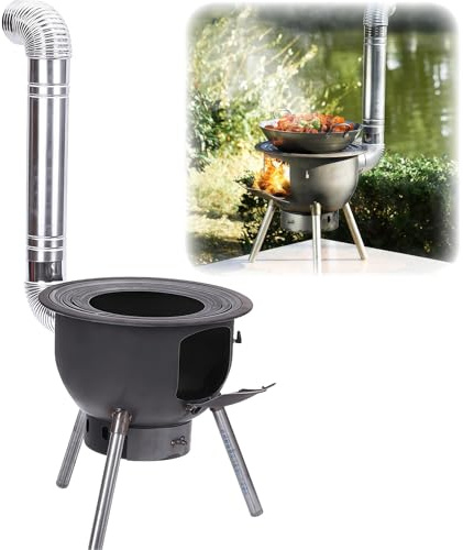 Tragbarer Outdoor-Holzofen mit Grill und Kaminrohren für Camping, Kochen und Heizen