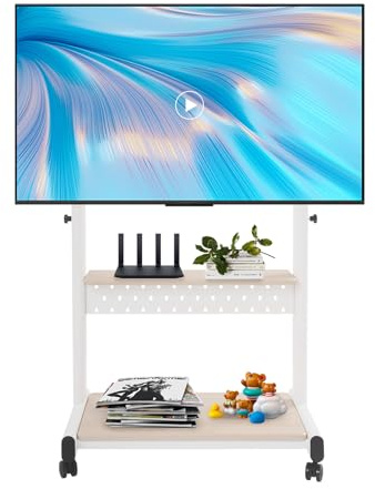 Gdetnysty Support TV réglable en hauteur, avec 4 roues et 2 freins, pour téléviseur de 43 à 86, planche perforée, étagère de rangement, capacité de charge de 100 kg, chariot de télévision, mobile