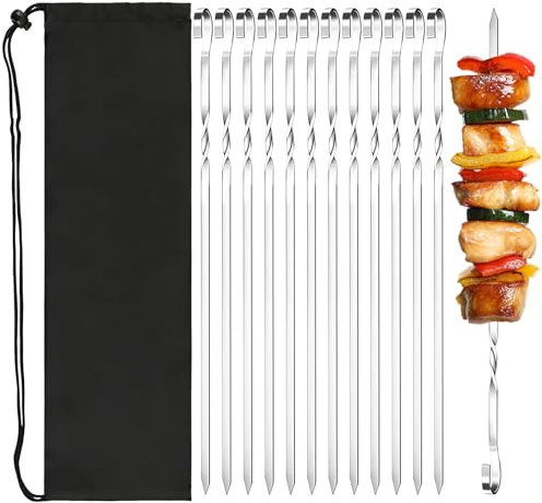 FEMONGY 12 Stück 39 cm Schaschlikspieße Edelstahl, schaschlikspieße, Grillspieße Edelstahl, rouladennadeln, Hitzebeständiger, Wiederverwendbare Grillspieße mit Tasche, Grillzubehör