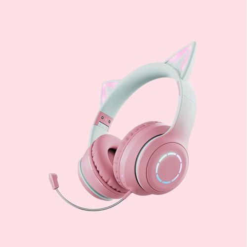 VELATEMOR Bluetooth 5.3-Headset, Niedlicher Kabelloser Gaming-Kopfhörer mit LED-Licht, 3,5-mm-AUX-Kabel, Abnehmbares Mikrofon, Faltbar, für Erwachsene, Kinder, PC, TV, Spiel, Musikpad, (PINK)