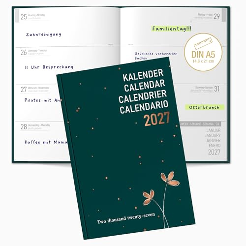 TOBJA® PlanWise Sage 2027 Buchkalender A5 Flex-Hardcover - 1 Woche 2 Seiten linierte Tagesfelder | Wochenplaner mit Griffregister, Lesezeichen & Schulferien DE/AT | FSC