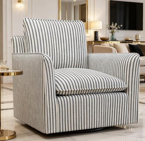EBELLO Ohrensessel Loungesessel 360°Drehbar Sessel Wohnzimmer | Akzent-Sessel mit dick gepolsterter Rückenlehne – drehbarer Lesesessel für Wohnzimmer, Schlafzimmer, Blau-gestreift