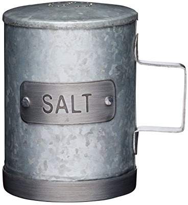 KitchenCraft Industrial Kitchen Salzstreuer aus verzinktem Stahl im Vintage-Look, 10 cm , mit Metall Etikett, robustem Seitengriff und Silikonstopfen