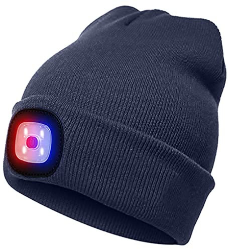 ATNKE LED Beleuchtete Mütze,Wiederaufladbare USB 4 LED Rot und Blau Leuchten Blinkender Laufmütze mit Licht Extrem Heller Lampe Winter Warme für Herren und Damen Geschenke/Navy
