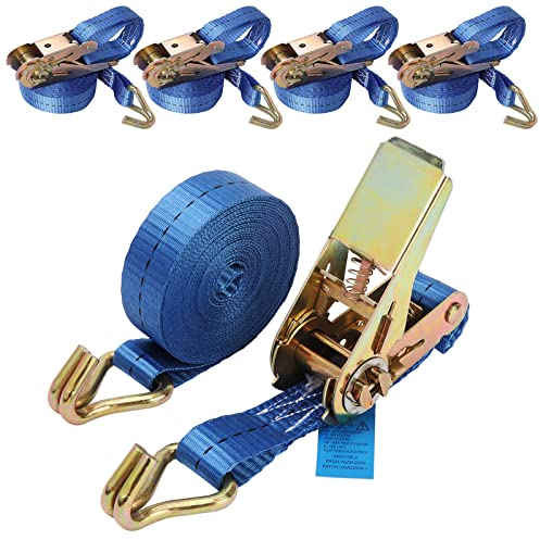 BOMKEE Ratchet Tie Down Straps, 4 Heavy Duty Tensioning Belts with Hook & Quick Release Cam Buckle, 5m x 2.5cm, Lifting Straps for Motorcycle, Cargo, Trucks, Trailer