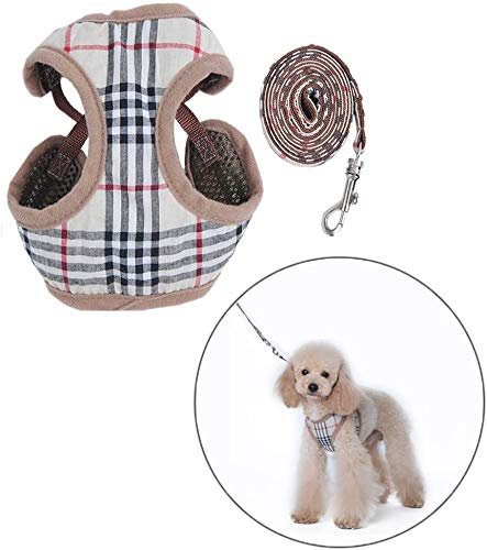 Hundegeschirr für kleine Hunde und Katzen, weiches und bequemes Geschirr mit Leine, für kleine Hunde, Haustiere, Katzen, Welpen, Netzstoff, Weste, verstellbar (Kariert) (XS)