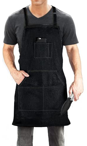 Dadidyc Black Denim Aprons for Men/Women with Pockets Tool Apron Waterproof Adjustable Canvas Apron Lightweight Kitchen Apron Work Apron