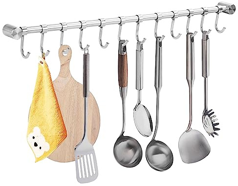 Youyijia Stainless Steel Wall Mounted Utensil Rack With 12 Removable Hooks - Kitchen Hanging Rail 52Cm (15.6)