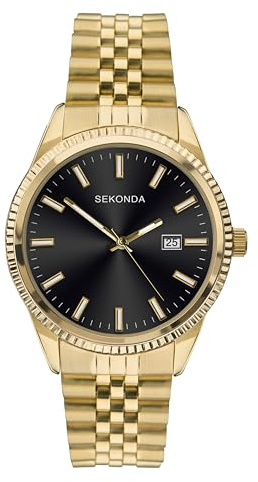 Sekonda King Mens Analogue Watch 40mm Gold Stainless Steel Bracelet | 30 Metres Water Resistance, mineral glass crystal, double lock safety clasp, sunray dial, date display, ion-plated case