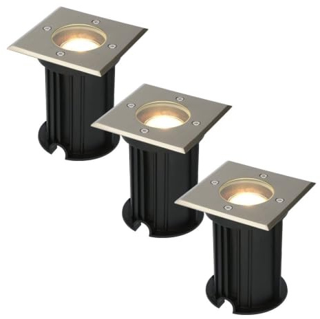 HOFTRONIC - 3er Ramsay Terrassen Einbaustrahler GU10 Edelstahl Eckig 4 Watt 345 Lumen Boden Licht 4000K Neutralweiß LED Einbauleuchte IP67 Wasserdicht - Dimmbarer Bodeneinbauleuchte außen