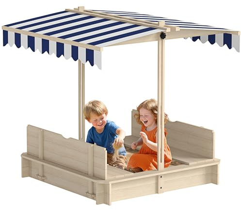 Outsunny Kids Wooden Sand Pit with Lids, Children Sandbox Height Adjustable Canopy for Garden, Convertible Bench Outdoor Garden Playset, Blue and White Canopy