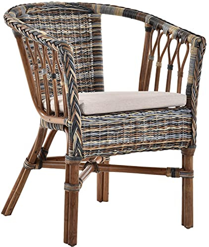 Korb-Outlet Stapelbarer Rattan-Sessel/Stuhl aus Natur-Rattan inkl. Polster Mehrfarbig (Blau, Braun, Creme)