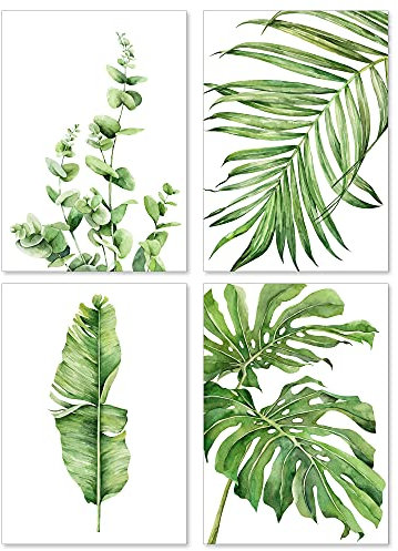 A&M Natural Living Botanical Prints, Set of 4 Unframed Watercolour Green Art Posters, Leaf Pictures Wall Art for Home Decor, Bathroom, Kitchen, Living Room (A4)
