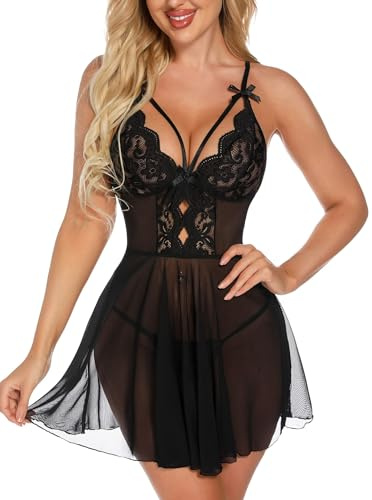 RSLOVE Women Lingerie Babydoll Sexy Mesh Chemise Lace Sleepwear Nightwear Black Small