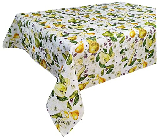 Violet Linen European Pears Flowers Pattern, Polyester Woven Printed Fabric, Pears, 60 Inch by 84 Inch, Seats 6 to 8 people, Rectangular Tablecloths