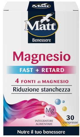 Matt, Crono Magnesio Fast+Retard, Integratore Alimentare con Ossido di Magnesio, Sali di Magnesio dell'Acido Citrico, Carbonato di Magnesio, Bisglicinato di Magnesio, Confezione da 30 Compresse