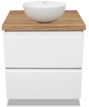 VBChome Mobile da bagno, 50 cm, bianco Stella, lavabo da appoggio senza foro per rubinetto, 32 x 32 cm, piccolo lavabo con mobiletto per lavabo, 2 cassetti, modulo, moderno