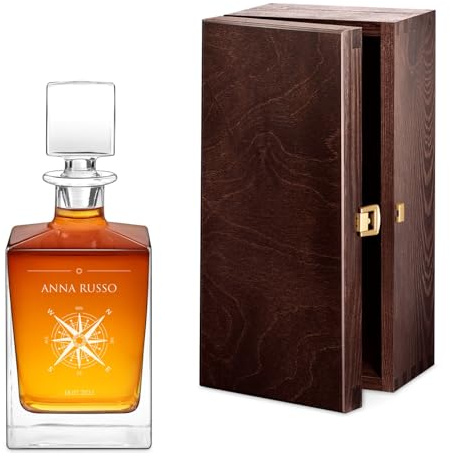 Maverton Decanter per whisky in vetro 810 ml, incisione personalizzata | Caraffa in vetro con tappo, Bottiglia per whisky e rum, pensiero originale per donna, per compleanno, Rosa dei venti