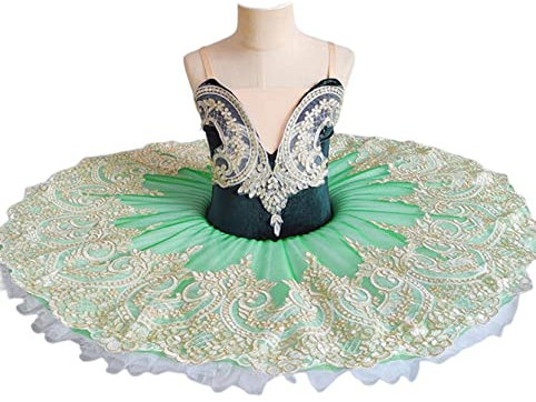 WIINXX Professionelles Ballett-Tutu für Kinder, Ballerina-Prinzessin, Mädchen, Schwanensee-Tanzkostüm, bestickter Tüll-Tutu-Wettbewerbsrock,Grün,160