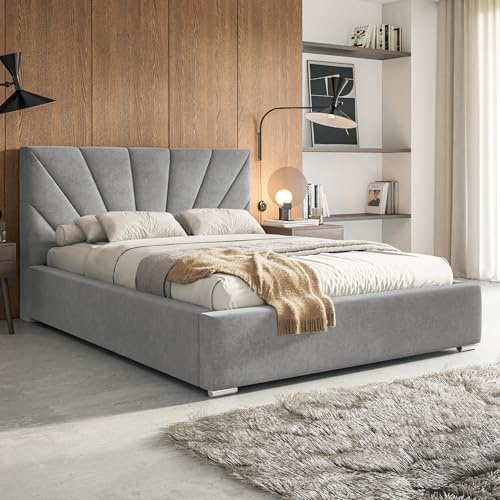 MOTIVENA Sisi Bett 180x200 Grau Samt, mit Stauraum, mit Kopfteil, mit Lattenrost, mit Füßen, ohne Matratze, Polsterbett 180x200 mit Bettkasten Grau (Hellgrau)