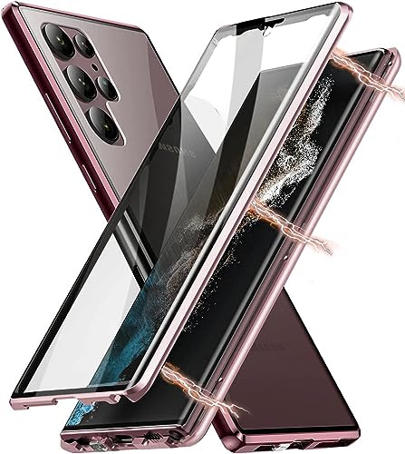 MIMGOAL Hülle für Samsung Galaxy S22 Ultra 5G 360 Grad Magnetisch Burgundy | Gehärtetes Glas vorne und hinten, Magnetischer Aluminiumrahmen, Transparente Vorder- und Rückseite, Präzise Ausschnitte