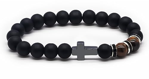 TOLOWOBK Kreuz Armband Herren Tigerauge Perlenarmband Männer Jungen Naturstein Perlen Armband Schwarz Christliche Schmuck Einschulung Taufe Weihnachten Geburtstag Geschenke für Sohn Enkel Bruder