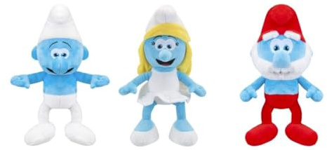 Grupo Moya Packung mit 3 Plüschfiguren Schlümpfe, 22 cm: Schlumpf, Papa Schlumpf und Schlumpfine, gefüllt und außen aus 100 % recyceltem Material, geeignet für alle Altersgruppen