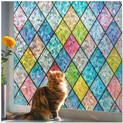 Lifetree Fensterfolie Blickdicht Bunt Folie, Sichtschutzfolie Selbsthaftend 3D Regenbogen Fenster 44.5x200 cm, Statisch Haftend Klebefolie mit Ohne Klebstoff Anti UV Sonnenschutz für Büro Wohnzimmer