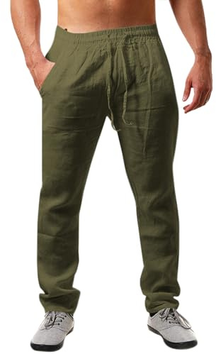 Runcati, Pantaloni da Uomo in Lino, in Tinta Unita, Leggeri, con Taglio Largo, Coulisse, per Vacanze, Spiaggia, Uso Quotidiano