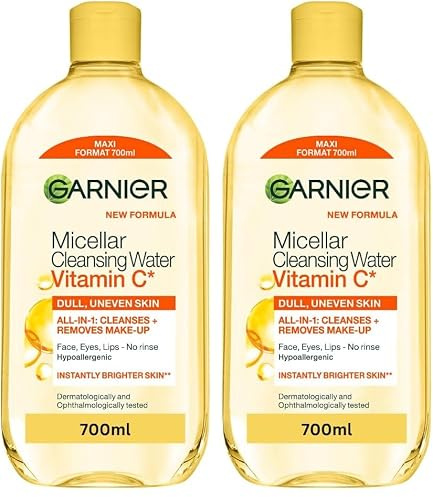 Garnier Micellar Vitamin C Water For Dull Skin 700ml, Brightening & Glow-Boosting Face Cleanser & Makeup Remover (Pack of 2)