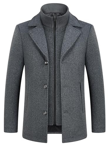 KUDMOL Men's 2-in-1 Winter Coat Wool Blend Overcoat with Padded Gilet | Mid-Length Jacket, Stand Collar Vest, Single-Breasted, Side Pockets, Casual Business Outerwear for Autumn and Winter