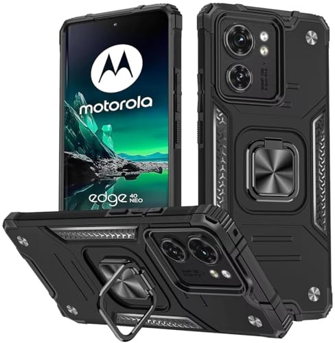 KANSi Funda para Motorola Moto Edge 40 Neo, Capa Anillo iman Soporte Hard PC y Silicona TPU Antigolpes Armor Carcasa - Negro
