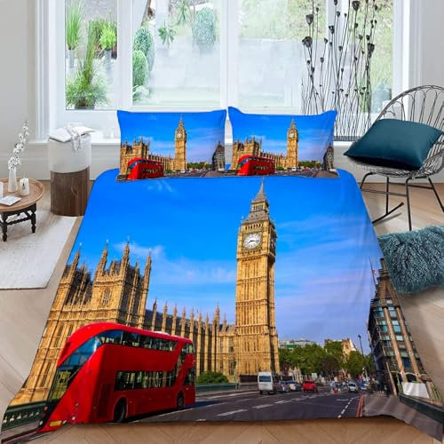 VULORA Londoner Big Ben Bettwäsche 155x220 Stadtansicht Bettbezug mit Reißverschluss, Weich Mikrofaser Bettwäsche-Sets für Teenager Kinder 3D Druck Bettwaren Bettbezüge mit 2 Kissenbezüge 80x80 A293