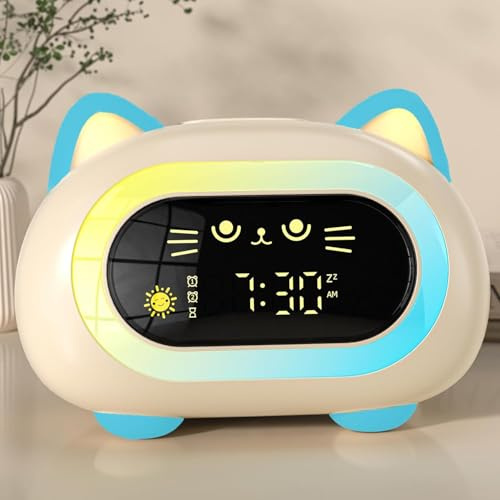 Comzler schlaftrainer Kinder,Ok to Wake Uhr für Kinder, Dual-Alarm, Schlaftraining, Augenschutz, Nachtlicht in 10 Farben, automatische Abschaltung, Katzen-Nachtlicht für Mädchen und Jungen