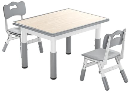 Froadp Mesa infantil con 2 sillas de plástico, altura ajustable, juego de sillas para niños, muebles para niños, grupo de asientos multifuncionales para niños y niñas de 2 a 10 años, gris