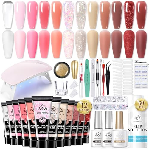 Born Pretty Startset med polygel och UV-lampa, nagelset i polygel, 12 färger, ljus nude, rosa, nagelförlängning, bas- och topplack – allt-i-ett-lösning