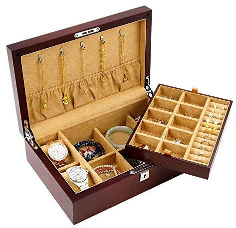 YIHANSS Große Schmuckkästchen, 2-lagige Schmucktruhe mit Samt und Schloss für Uhren, Halsketten, Ringe, Ohrringe, Armbänder, Schmuckkästchen für Damen